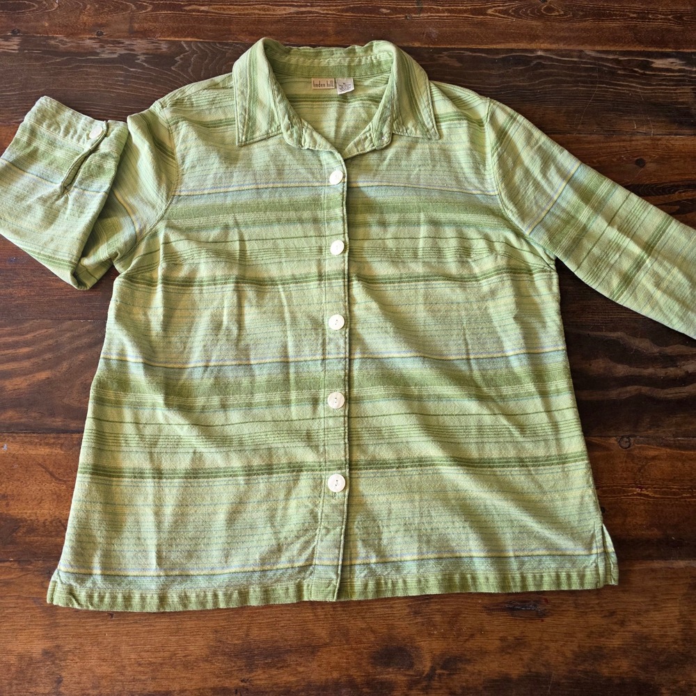 Linden Hill XL Green Striped‎ Cotton Button Down Long Sleeve Shirt Top